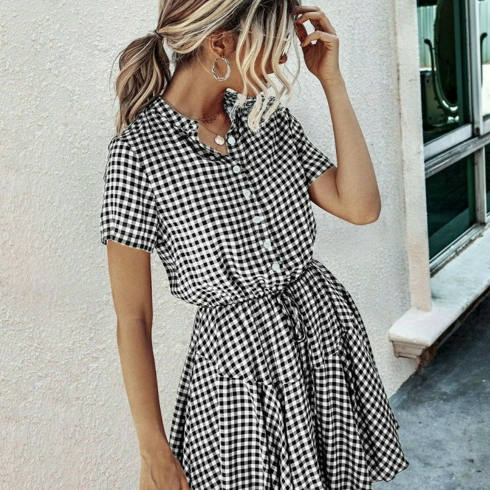 Buffalo Plaid Black White Button Front Shirt Dress